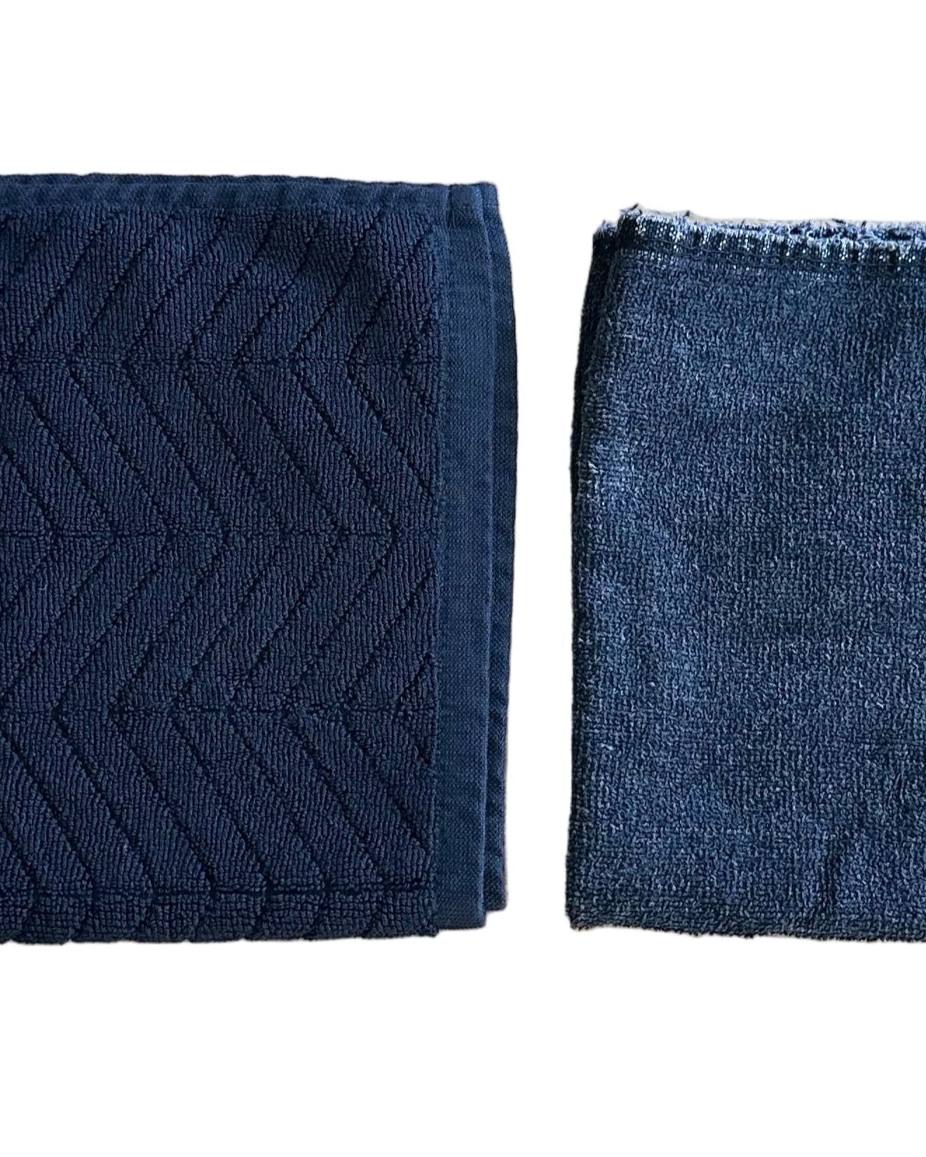 Two towels products, one with a textured pattern and the other plain, on a white background.