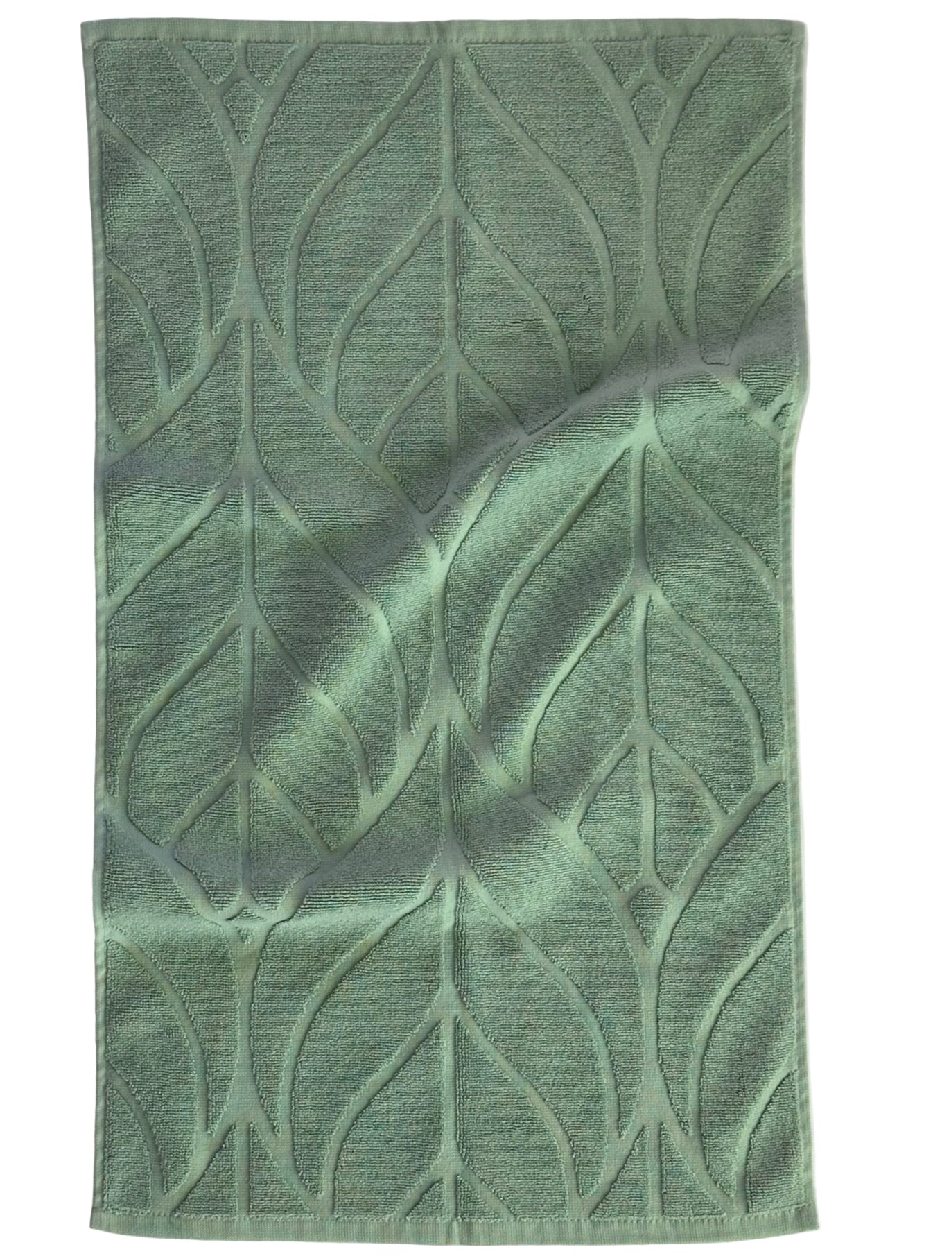 Green textured towel with leaf pattern on a white background
